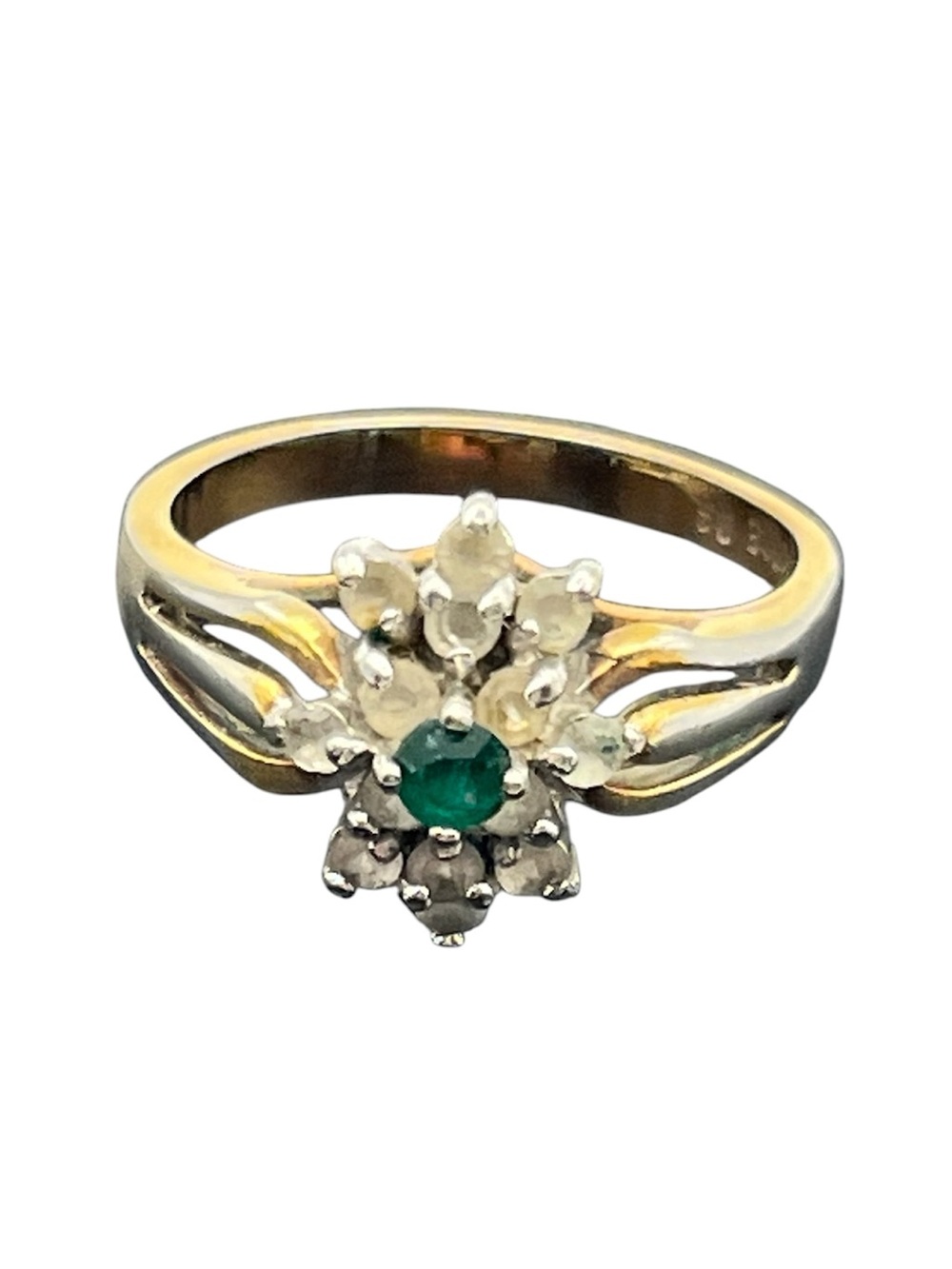 14k gold electroplate green & clear rhinestone cluster cocktail ring sz 8.75
